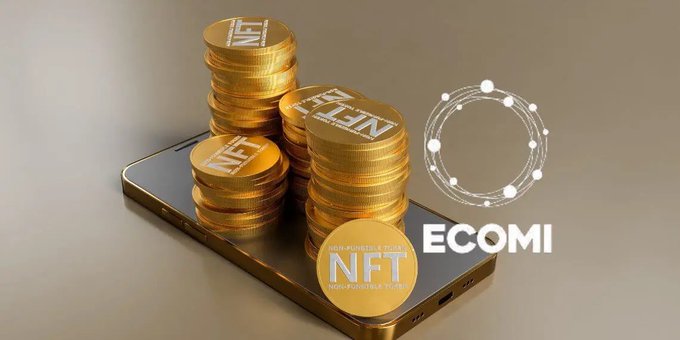 A 3D rendering of three stacks of gold NFT (Non-Fungible Token) coins resting on a smartphone, positioned next to the ECOMI logo.
