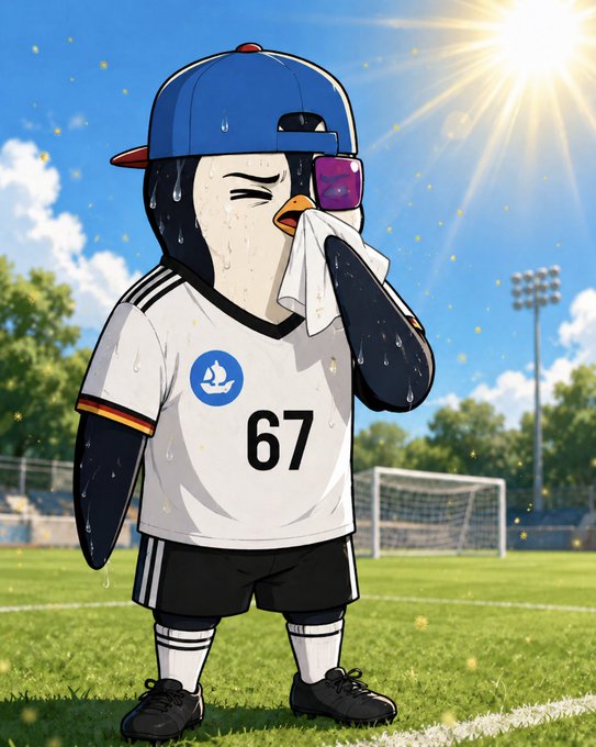 An anime-style penguin wearing a soccer uniform with the number "67" and a blue cap wipes sweat from its face with a towel on a sunny field, with a goalpost and stadium lights in the background. The image humorously mirrors the post's themes of struggling through a tough weekend, capturing the sweat and heat of someone desperately hoping an OpenSea TGE will turn their crypto losses into a six-figure win.