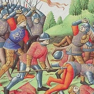 A medieval-style illustration depicts a chaotic battle scene with armored knights in blue and red tunics wielding swords and shields, fighting and falling in a grassy field. The image of intense combat and one knight standing over a fallen foe humorously mirrors the post's "comfy in spot" sentiment—suggesting a fierce crypto market battle where $MON holders are weathering the -4.3% 24h dip like victorious warriors standing their ground.