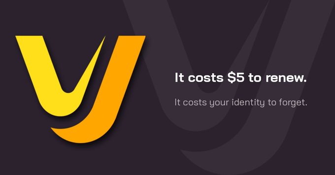 The image features a logo with the letters "V" and an arrow pointing downwards, accompanied by text that reads "It costs $5 to renew your .eth name for a year. Five. Dollars. Letting it expire costs your on-chain identity. Your wallet connections. Your Web3 reputation. Everything tied to that name". The image is related to the post because it promotes the idea of updating or renewing one's digital identity, which can be done by changing their .eth name.
