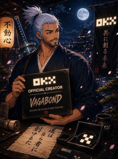 An anime-style illustration of a samurai-like character holding an 'OKX OFFICIAL CREATOR VAGABOND' plaque, with the tagline 'BUILDING THE FUTURE OF WEB3 TOGETHER' and Japanese text visible in the background.