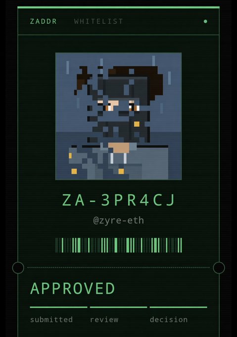 A digital whitelist approval screen for 'ZADDR' displaying the handle '@zyre-eth', the code 'ZA-3PR4CJ', a barcode, and the status 'APPROVED' with progress steps for submitted, review, and decision, accompanied by pixel art of a character.