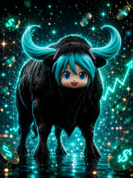 A stylized "mascot" image featuring a black bull with cyan hair styled into curved horns and an anime-style chibi face, set against a glowing teal cosmic background scattered with dollar sign coins and an upward trending chart—visually reinforcing the bullish $CA:8SX8ciyCDsQjyWCVGMWvK3RnAm6enxB4pHBdexYwpump token's pump.fun listing.