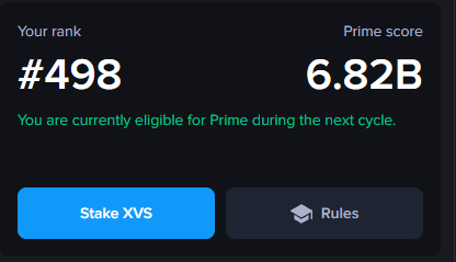 A dark interface panel displaying 'Your rank #498' and 'Prime score 6.82B', noting eligibility for Prime during the next cycle, with buttons to 'Stake XVS' and view 'Rules'.