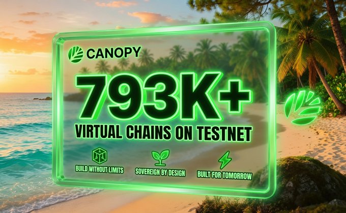 A promotional graphic for 'CANOPY' displayed on a glowing green translucent panel against a tropical beach background, advertising '793K+ VIRTUAL CHAINS ON TESTNET' with features like 'BUILD WITHOUT LIMITS'.