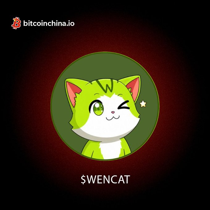 A stylized illustration of a green and white cartoon cat with one winking eye, labeled '$WENCAT' below and branded with 'bitcoinchina.io' in the top corner.