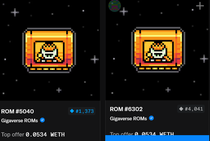 Two NFT listings from Gigaverse ROMs displayed side by side: 'ROM #5040' priced at 0.0534 WETH (Top offer) and 'ROM #6302' also at 0.0534 WETH, both showing the same pixel art treasure chest icon.