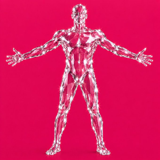 A crystalline, diamond-faceted human figure stands in a powerful T-pose against a vibrant pink background, symbolizing the strength and unbreakable "diamond hands" mentality. The shimmering, gem-like body visually reinforces the post's message of holding onto $FLR (Flare) tokens for life.