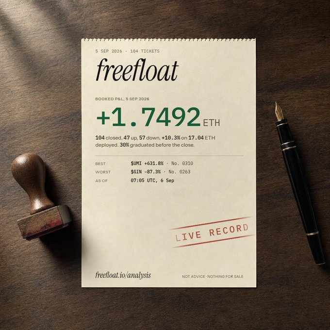 A printed receipt from "freefloat.io/analysis" showing a gain of +1.7492 ETH, dated 5 SEP 2026, resting on a wooden desk with a stamp and pen.