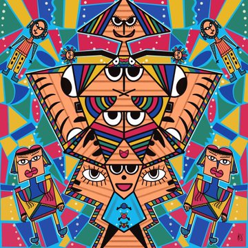 A vibrant, colorful, symmetrical illustration featuring stylized faces, geometric patterns, and figures in a kaleidoscopic folk-art style.