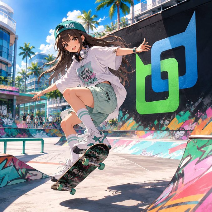 An anime-style illustration shows a girl in a green cap, white shirt, and shorts performing a trick on a skateboard at a vibrant skatepark.