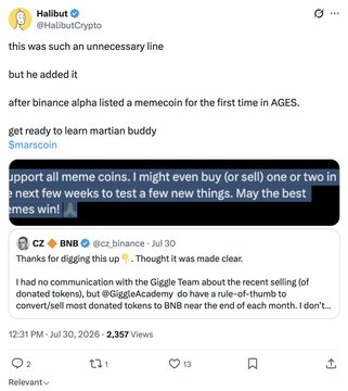 A Twitter/X post from Halibut (@HalibutCrypto) comments on CZ's announcement about supporting meme coins, referencing Binance Alpha listing a memecoin for the first time in ages.