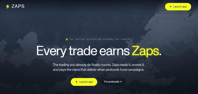 A website landing page for 'ZAPS' promoting itself as 'THE CAPITAL ALLOCATION NETWORK FOR TRADERS' with the tagline 'Every trade earns Zaps.'