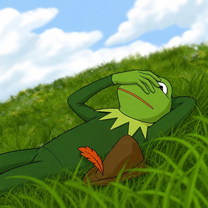 A Pepe the Frog character lounges in a grassy field, shielding his eyes as he gazes into the distance, visually representing the upward trajectory toward the "$150M MC" milestone for the $ROBIN token highlighted in the post.