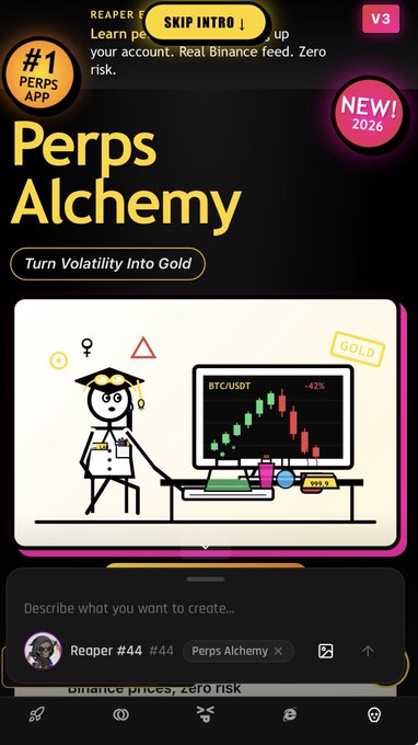 A mobile app screen titled 'Perps Alchemy' with the tagline 'Turn Volatility Into Gold,' showing a character analyzing a BTC/USDT candlestick chart.