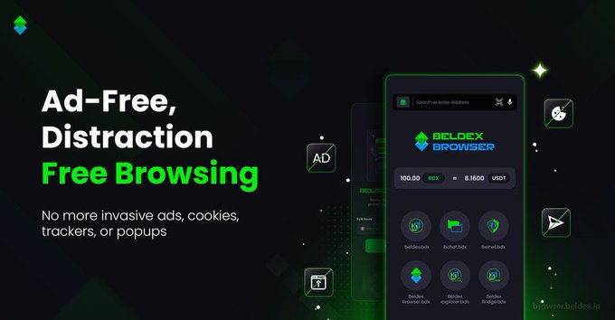 The promotional graphic for the Beldex Browser showcases its "Ad-Free, Distraction Free Browsing" feature, highlighting "100.00 BDX" and "8.1800 USDT" on a dark-themed interface alongside icons for its beldex.bels, belnet.bels, and beldex.bels services. The image aligns with the post's emphasis on eliminating intrusive ads, trackers, and popups by promoting a cleaner, privacy-focused browsing experience.