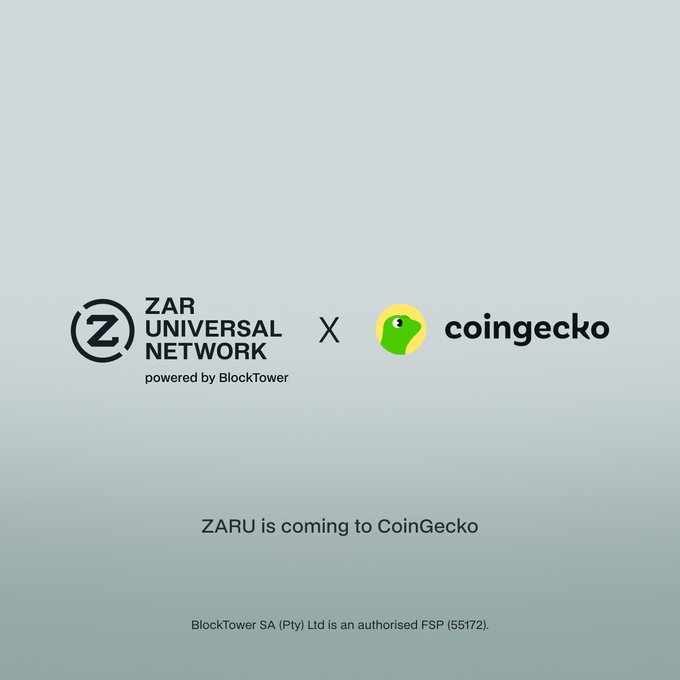 A light blue announcement graphic for 'ZAR UNIVERSAL NETWORK powered by BlockTower X coingecko' with the text 'ZARU is coming to CoinGecko'.