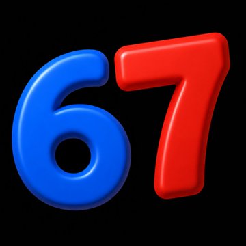 A glossy 3D rendering of the number "67" — the "6" in blue and the "7" in red — matching the branding of the @sixsevenapp project mentioned in the post.