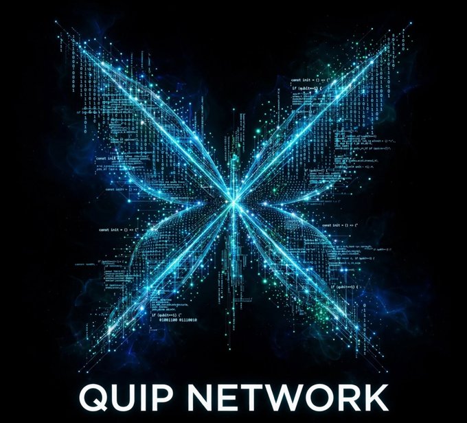 Quip Network logo featuring a symmetrical blue butterfly-shaped digital/AI design with code text, labeled 'QUIP NETWORK' at the bottom.