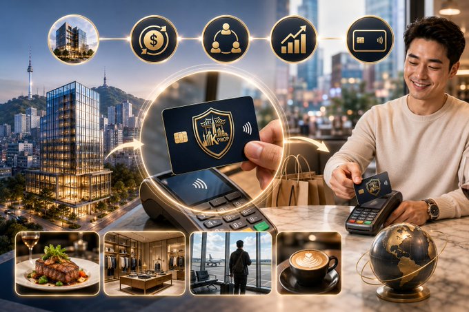 A promotional graphic showing a smiling man making a contactless card payment at a store, with icons for real estate, currency, networking, growth, and cards above, and lifestyle images of dining, shopping, travel, and coffee below.