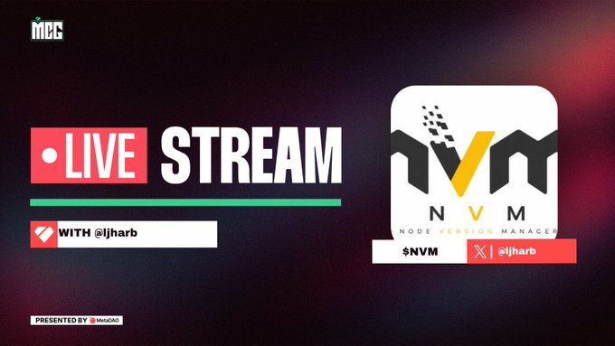 Dark themed live stream announcement banner with the text 'LIVE STREAM' and 'WITH @ljharb,' promoting '$NVM (Node Version Manager)' and presented by @MinaDAO.