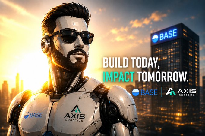 A promotional image featuring a robotic figure with sunglasses branded 'Axis Robotics' against a cityscape with a 'BASE' building, accompanied by the slogan 'BUILD TODAY, IMPACT TOMORROW.'