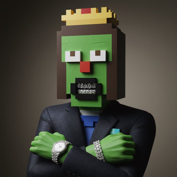 A 3D rendering of a character with a blocky, Minecraft-style green head wearing a gold crown, dressed in a suit with diamond-encrusted bracelets and a watch.