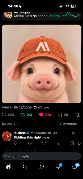 A social media screenshot shows a pig wearing an orange 'AI' cap from user Mufasa @SolMufasa with a comment 'Bidding this right now'.