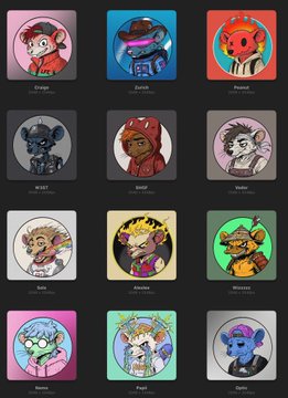 A grid of 12 NFT profile picture avatars featuring various stylized characters, including ones labeled "Grape," "Zorak," "Amika," "West," "SHGF," "Vesper," "Kit," "Auburn," "Wizzard," "Nemo," "Paul," and "Ogyth," representing honorees of the Legends NFT community.