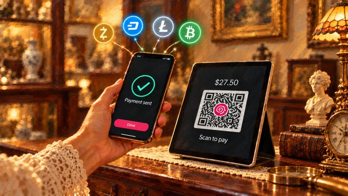 A hand holding a smartphone showing a 'Payment sent' confirmation screen next to a tablet displaying a QR code 'Scan to pay' for $27.50, with crypto coin icons (Z, D, L, BTC) in the background of an ornate room.