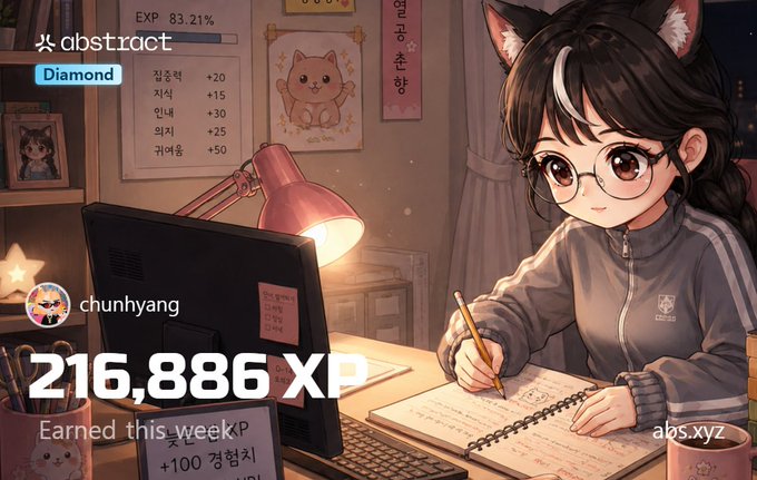 An anime-style illustration of a cat-girl character with glasses studying at a desk, with text overlays including 'abstract', 'Diamond', 'chunhyang', and '216,886 XP Earned this week'.
