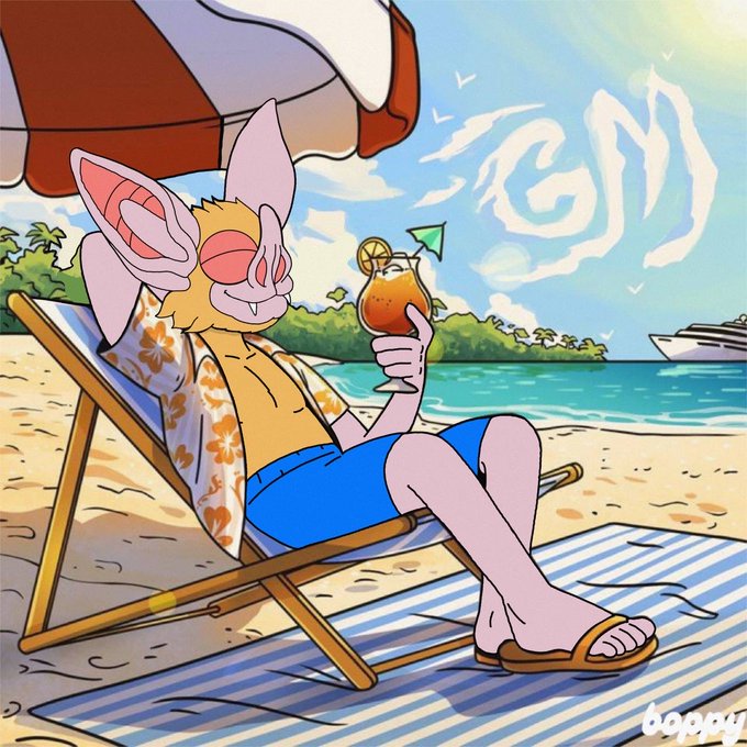 An animated bat-like character with large ears relaxes on a beach chair under an umbrella, sipping a tropical drink while wearing a Hawaiian shirt and shorts. 'GM' is written in clouds in the sky, signed 'boppy'.