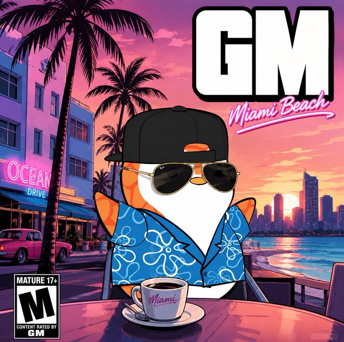 A cartoon fish wearing sunglasses, a black cap, and a blue Hawaiian shirt sits at an outdoor café in a vibrant Miami Beach scene with palm trees, the "OCEAN DRIVE" sign, and a sunset skyline, accompanied by a "Miami" coffee cup, large "GM Miami Beach" text, and a "MATURE 17+" rating badge.

The image ties to the bullish Q4 sentiment by using Miami Beach imagery to evoke optimism and a vacation-like confidence, reinforcing the "GM" ticker with a sunny, thriving setting.