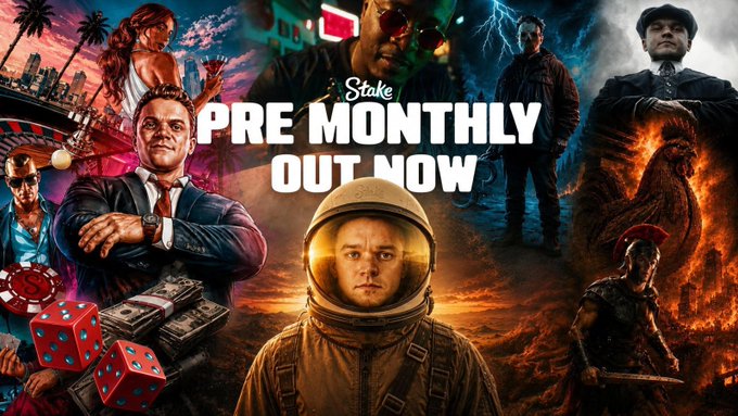 A promotional poster for Stake's "Pre Monthly" release, featuring a collage of characters including an astronaut, a suited man, a warrior with a sword, a figure with a fiery phoenix, and a person in a dark cloak, along with casino imagery like dice and cash. The bold text "Stake PRE MONTHLY OUT NOW" is prominently displayed in the center, tying into the post's announcement of a creative contest where users can design their own Monthly poster for a chance to win $1,000.