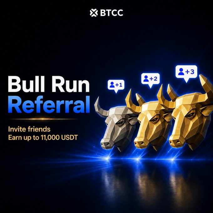 A promotional graphic for BTCC's "Bull Run Referral" campaign, featuring three polygonal bull heads in silver and gold with notification badges showing "+1," "+2," and "+3" invite counts, alongside text advertising the chance to "Earn up to 11,000 USDT" by inviting friends—aligning with the post's call to action for a $100k+ USDT referral distribution.
