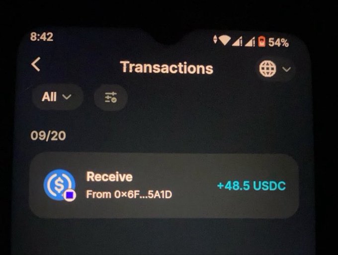 A smartphone screen displays a 'Transactions' page showing a 'Receive' of '+48.5 USDC' from address '0x6F...5A1D' dated 09/20.