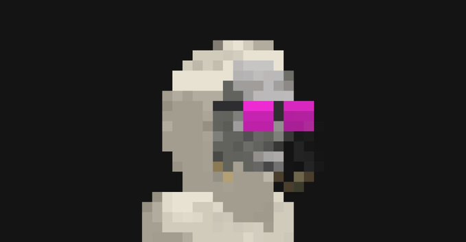 A pixel art rendering of a hooded figure with bright pink sunglasses and a dark, partially obscured face.