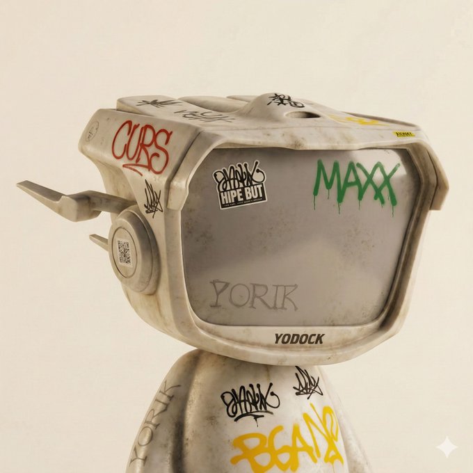 A small weathered robot figurine covered in graffiti-style stickers and tags, including 'CUBS', 'MAXX', 'HIPE BUT', 'YORK', and 'YODOCK' text.