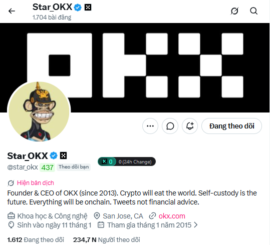 The X (Twitter) profile page for Star OKX (@star_okx), the founder and CEO of OKX since 2013, with a pixelated OKX banner and a cartoon avatar.
