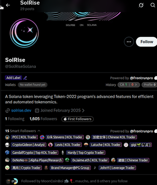 The image shows a screenshot of the "SolRise" Twitter/X profile (@SolRiseSolana), which features a purple and teal neon smiley face logo, 1,605 followers, a bio describing it as a "Solana token leveraging Token-2022 program's advanced features for efficient and automated tokenomics," and a list of "Smart Followers" including notable crypto accounts like PC, EVR Screens, CryptoGideon, and others. This appears to be a screenshot of the $RISE token's social media page, referenced in the post as proof of the $FIRE team's prior successful 9M market cap project.