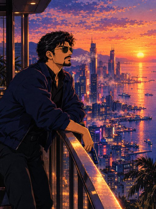 An anime-style illustration of a man with sunglasses smoking on a balcony overlooking a vibrant sunset cityscape by the water.
