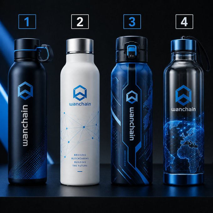 The image shows four different colored bottles of water placed next to each other on a table. The bottles are arranged in a row with their labels facing forward. The text "Wanchain" appears multiple times, possibly indicating that these bottles are part of a collection or promotion by Wanchain.