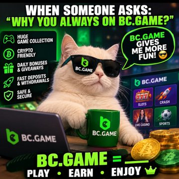 Promotional advertisement for BC.GAME featuring a cat wearing sunglasses with the brand logo, highlighting features like a huge game collection, crypto-friendly platform, daily bonuses, fast deposits & withdrawals, and safe & secure service.