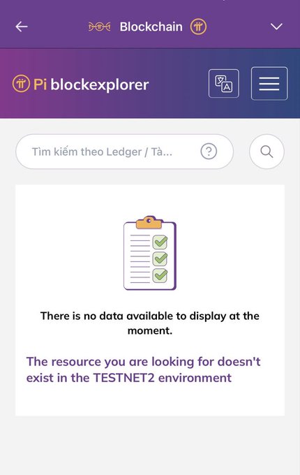 The image shows the Pi blockchain explorer's empty state on the TESTNET2 environment, displaying a clipboard icon and the message "There is no data available to display at the moment" with a note that "The resource you are looking for doesn't exist in the TESTNET2 environment." This aligns with the post's observation that TESTNET2 is likely undergoing maintenance or an upgrade, causing the explorer to show no data.