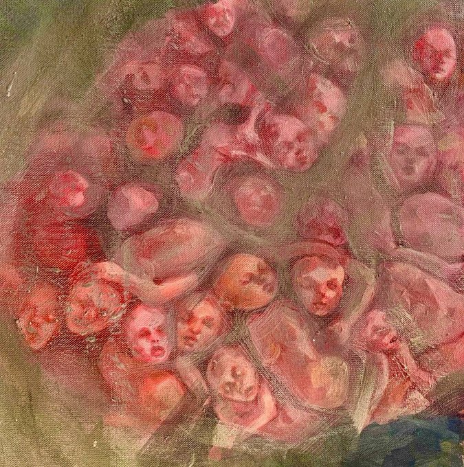 An abstract painting with a swirling pattern of pink, red, and flesh-toned shapes that resemble distorted human faces or figures, set against muted green and brown tones.