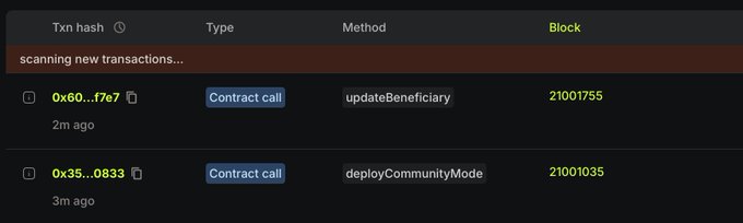 The image shows a blockchain transaction monitoring interface displaying two recent contract calls: an `updateBeneficiery` call at block 21001755 (2 minutes ago) and a `deployCommunityMode` call at block 21001035 (3 minutes ago), supporting the post's announcement of live updates being deployed to the LongDot.xyz app for $AI.