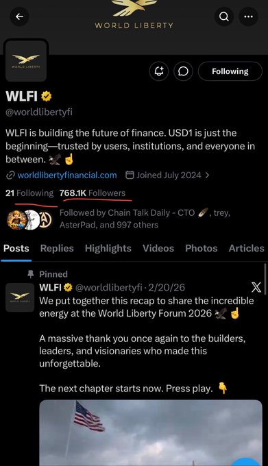 The image shows the official X/Twitter profile of WLFI (@worldlibertyfi), featuring their "Following" count of 21 accounts and 768.1K followers, with a pinned post about the World Liberty Forum 2026. This relates to the accompanying post by highlighting how WLFI's deliberately small follow list of just 21 accounts makes it notable that the founder of $PONS (@MEADGod) is among them, suggesting a connection to the $DICE project.