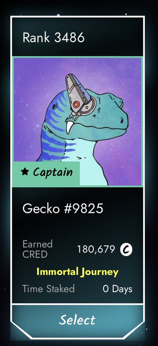 A mobile app screen showing a Rank 3486 profile for 'Gecko #9825' with the title 'Captain,' displaying 180,679 CRED earned, 'Immortal Journey' status, and a Select button.