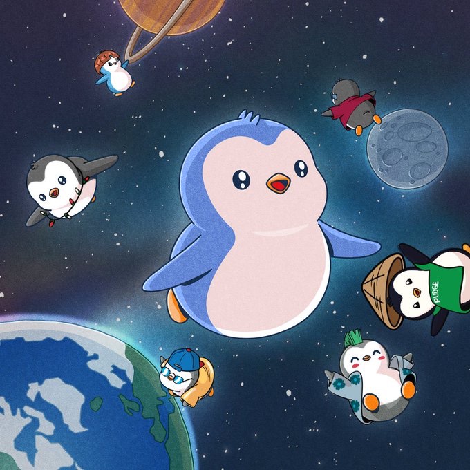 An illustration of several cartoon penguins floating in outer space around Earth and Saturn, including a large central penguin and one wearing a green shirt labeled "ApeBond."