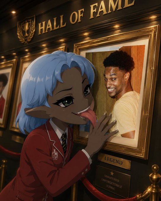 An anime-styled character with blue hair and a red school uniform playfully licks a "Hall of Fame" portrait labeled "LEGEND" featuring a smiling young man, with a post asking "are you in love with $ANSEM too?" suggesting this is fan art referencing the crypto personality Ansem.
